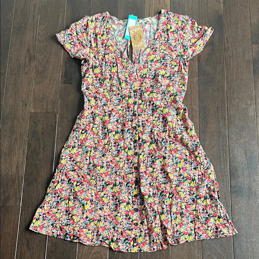 Floral V-Neck Short Sleeve Mini Dress - Pink Multi